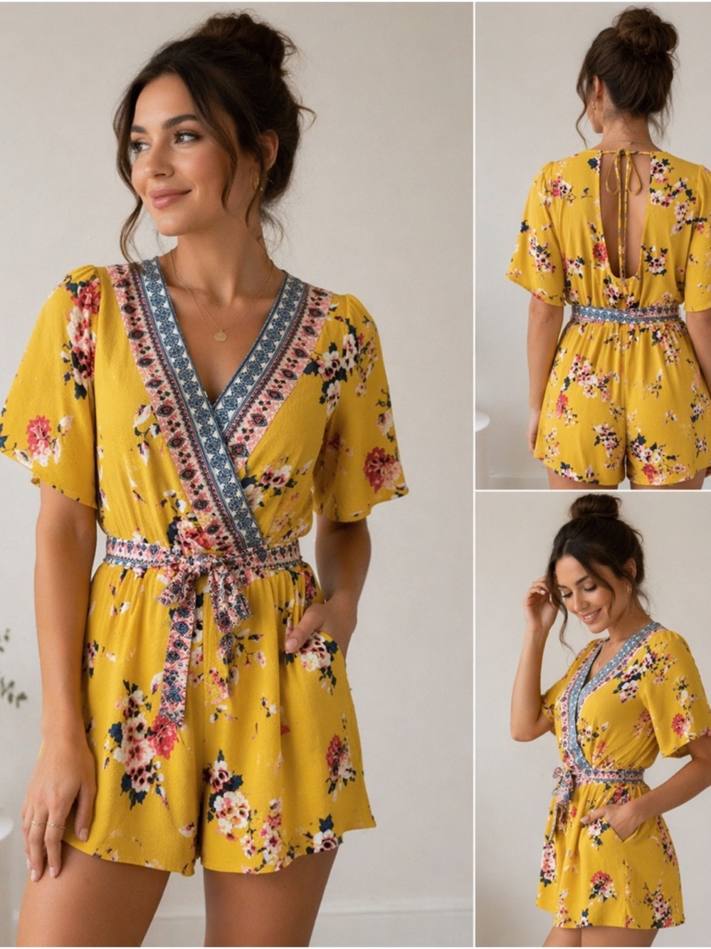 Trixxi Yellow Floral Wrap Mini Dress